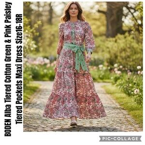 BODEN Alba Tiered Cotton Green & Pink Paisley Tiered Pockets Maxi Dress Sz16-18R